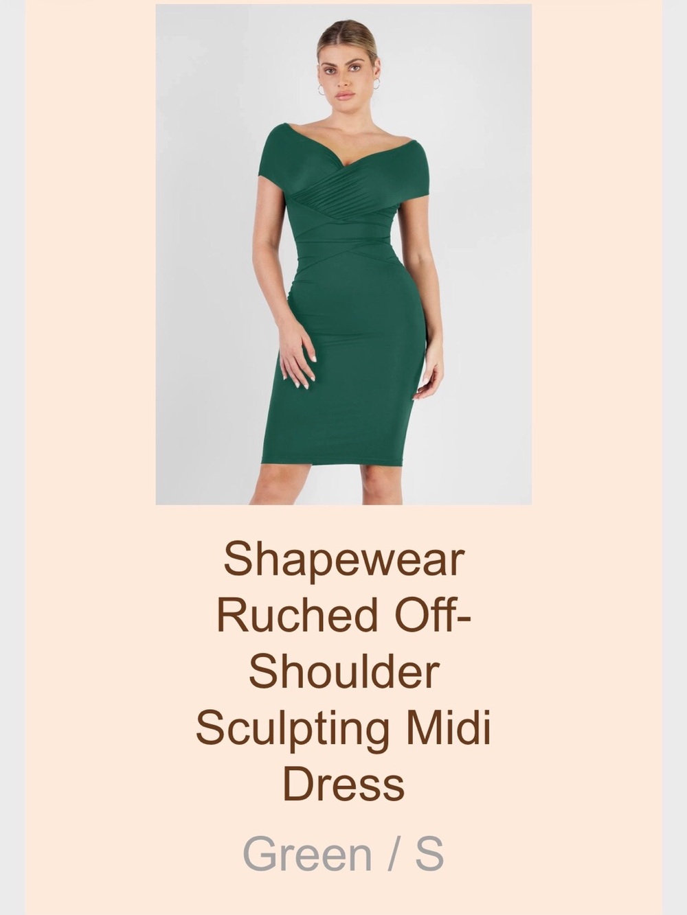Ruche Off-Shoulder Sculpting Midi Dress in Green with Built In Shapewear